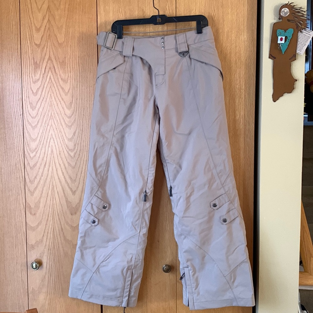 Oakley S ski snow board pants thinsulate fleece lined vents tan belted waist EUC
